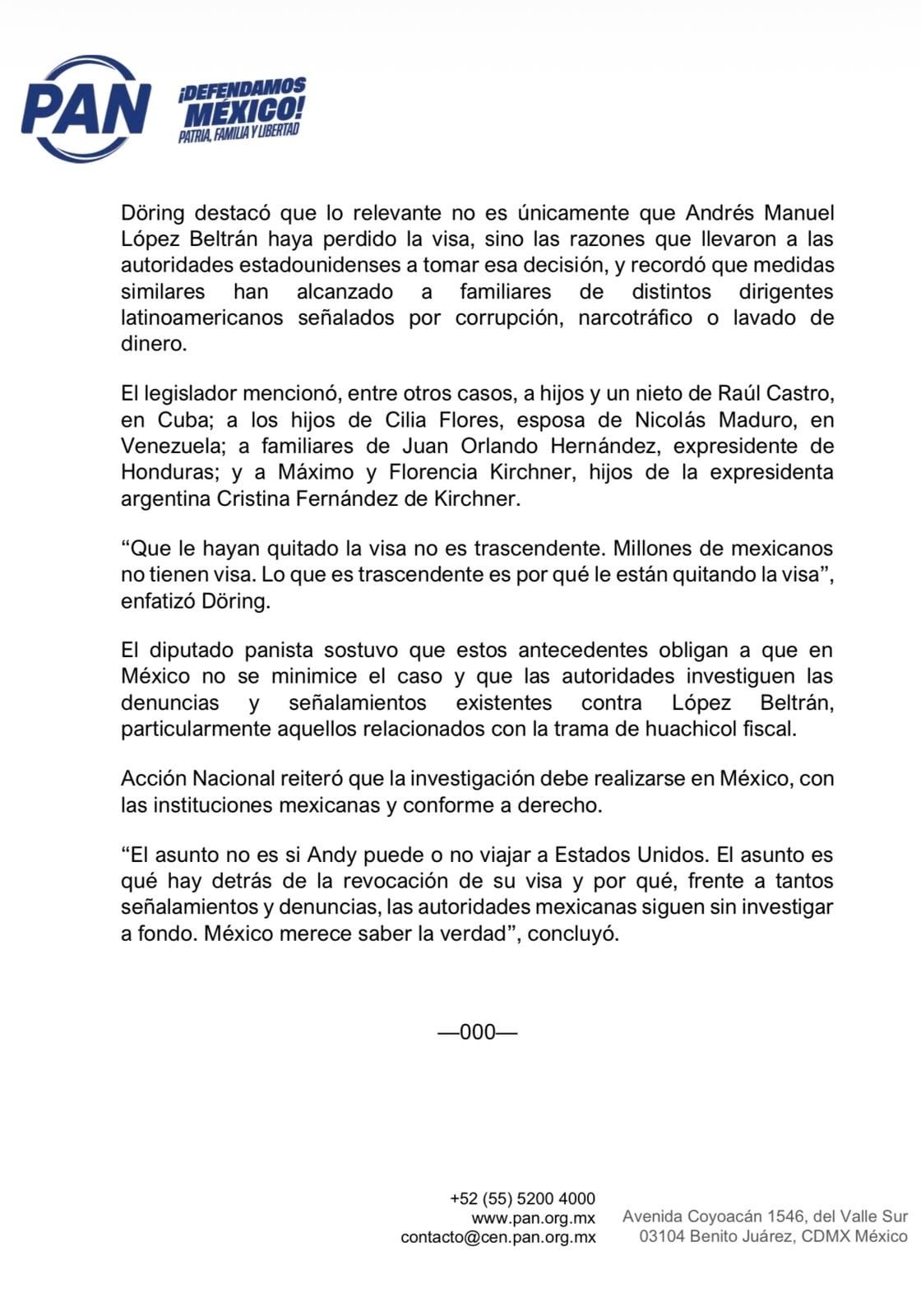 Comunicado del PAN contra López Beltrán