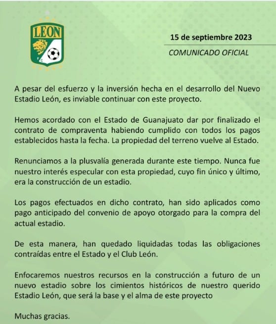 El Club León dio a conocer la cancelación de la construcción de su nuevo estadio.