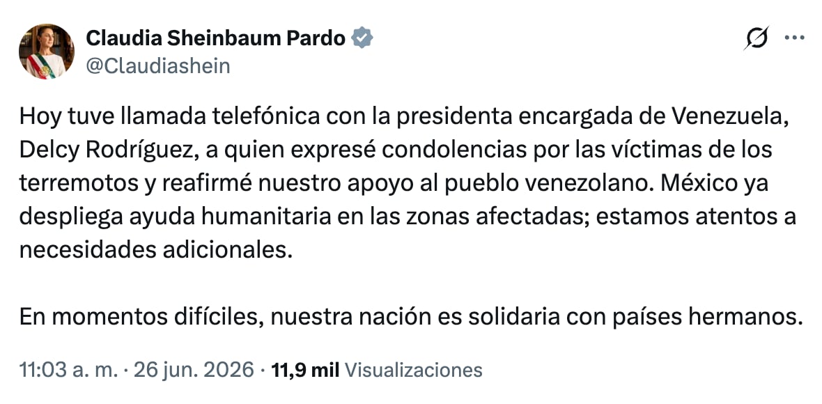 Claudia Sheinbaum revela que habló con Delcy Rodríguez tras terremotos en Venezuela