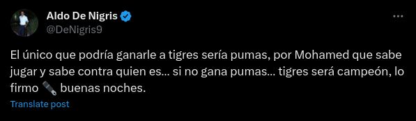 Aldo De Nigris dice que Tigres le ganará al América