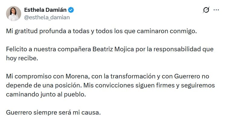 Esthela Damián reconoce triunfo de Beatriz Mojica como coordinadora de Morena en Guerrero