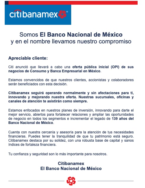 Mensaje de Banamex a clientes
