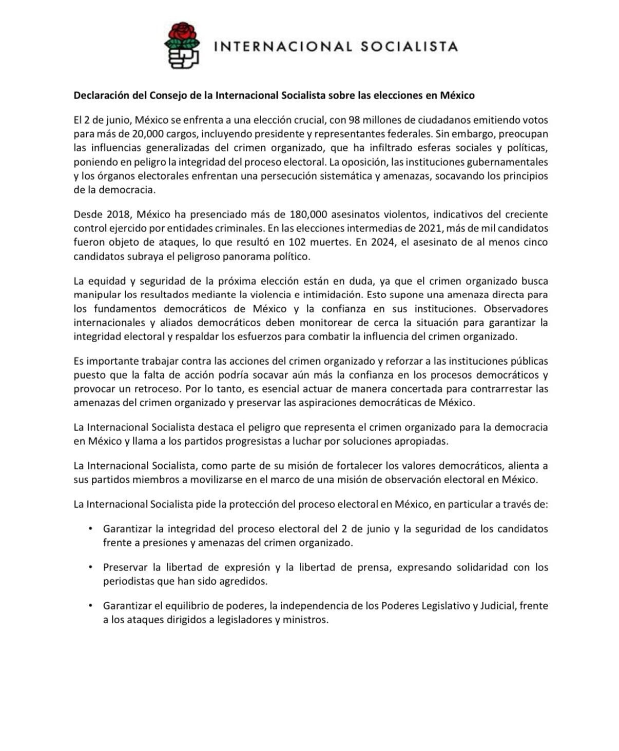 Resolución de la Internacional Socialista sobre las Elecciones 2024 en México