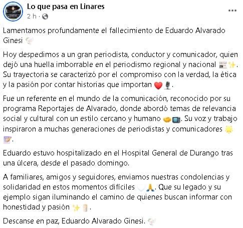 Portal anuncia la muerte de Eduardo Alvarado Ginesi.