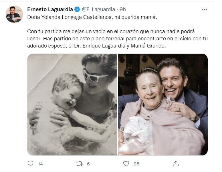 Ernesto Laguardia anuncia la muerte de su mamá Yolanda Longega Castellanos