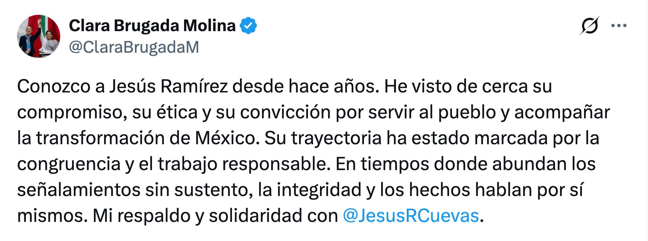 Clara Brugada respalda a Jesús Ramírez Cuevas ante acusaciones