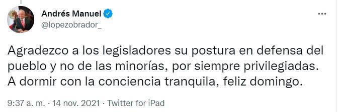 AMLO agradece a diputados la aprobación del presupuesto de egresos 2022/@lopezobrador_