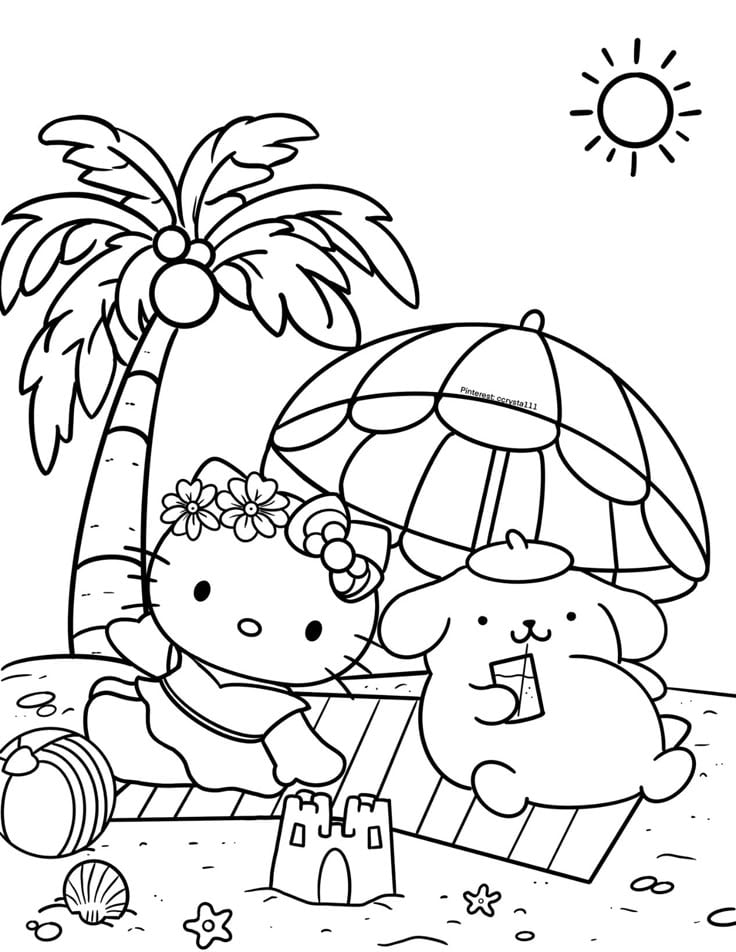 Dibujos de Hello Kitty tomando el sol de primavera para colorear