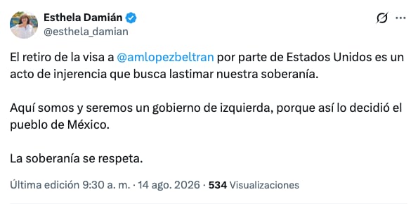 Esthela Damián ve intento de injerencia de Estados Unidos en el retiro de visa de López Beltrán