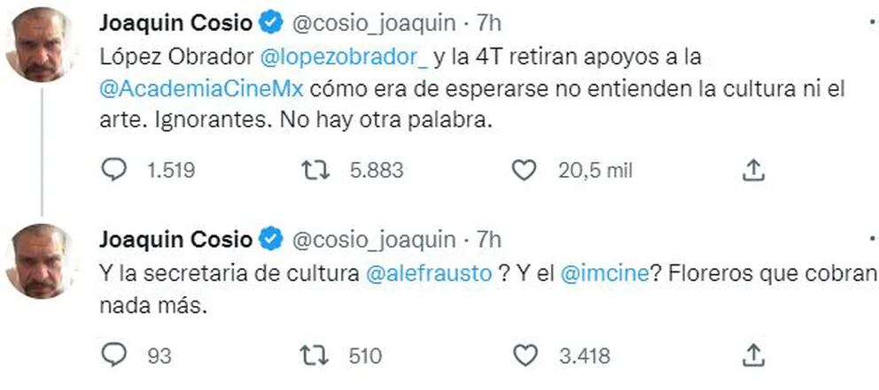 Joaquín Cosío critica a AMLO y la 4T