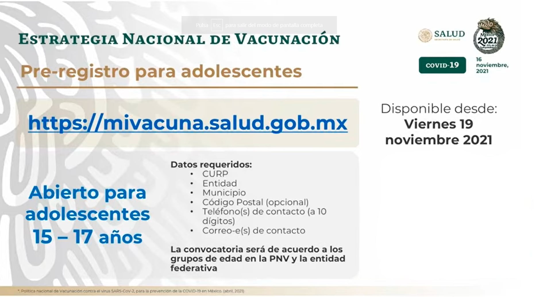 Captura de video requisitos para el registro de vacunación anti-covid para personas de 15 a 17 años sin comorbilidades