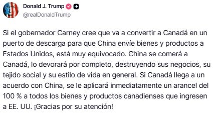 Donald Trump lanza advertencia a Mark Carney si no frena influencia de China