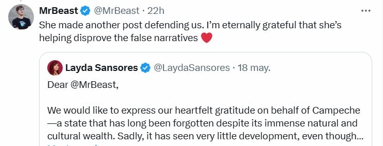MrBeast agradeció a la gobernadora Layda Sansores su apoyo
