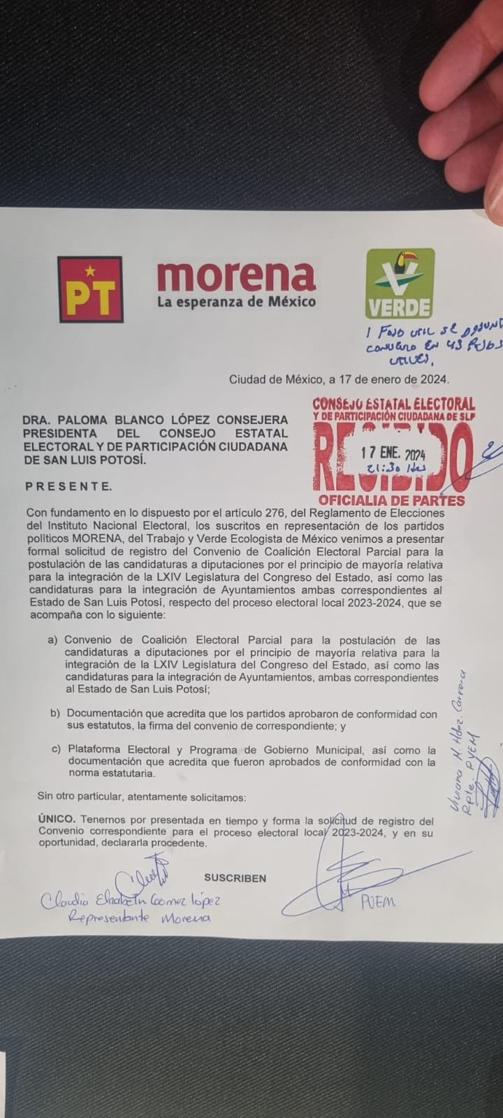 Morena, PT y PVEM firman convenio de coalición parcial