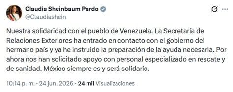 Claudia Sheinbaum se solidariza con Venezuela ante estado de emergencia por sismos