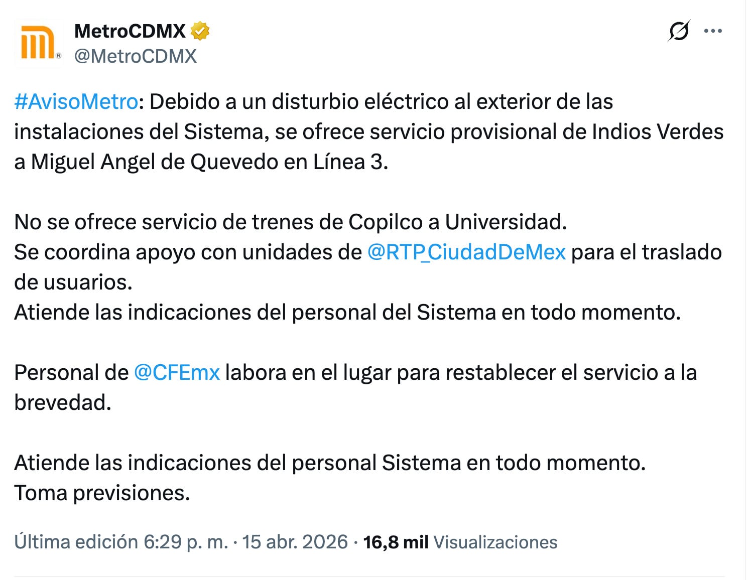 Metro CDMX anunció servicio provisional por falla eléctrica en Línea 3