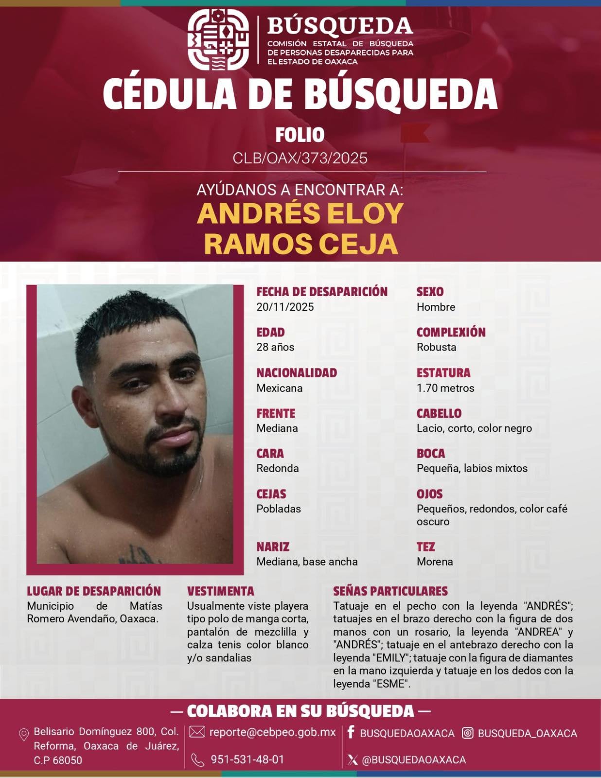 Ficha de desaparición de Andrés Eloy Ramos Ceja.