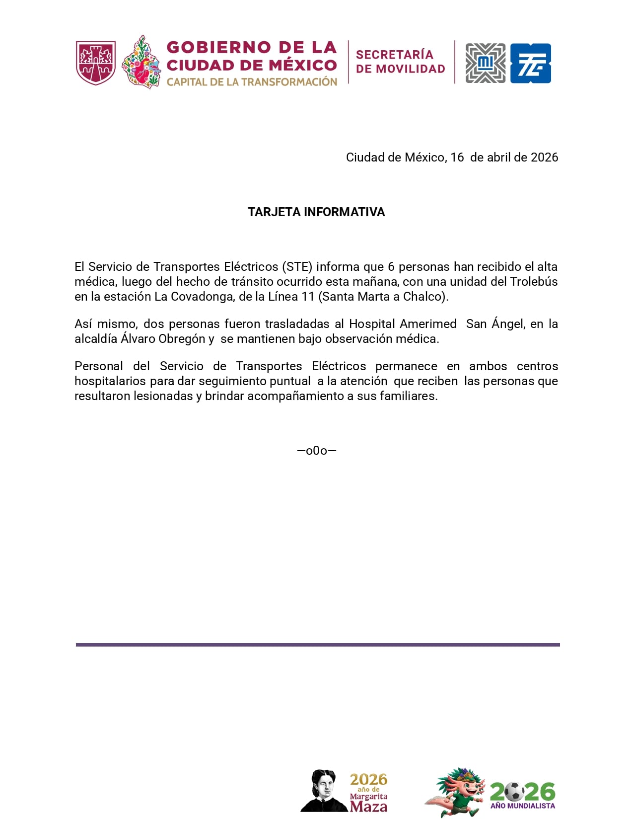 Semovi actualiza estado de lesionados por choque de trolebús en Chalco