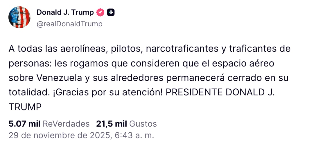 Donald Trump advierte de cierre de espacio aéreo de Venezuela
