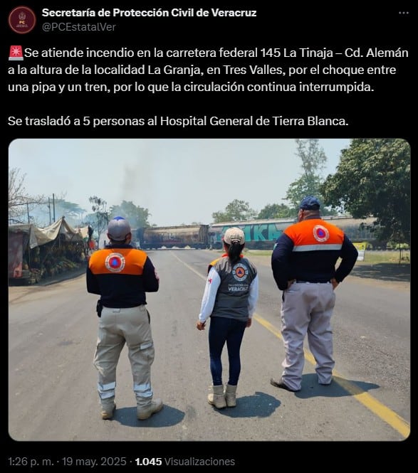 Reportan grave incendio tras accidente en Tres Valles, Veracruz.