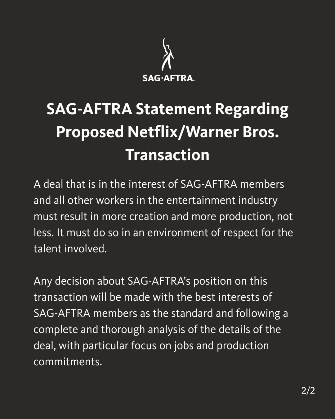 Sindicato de Actores exige a Netflix mejoras laborales por adquisición de Warner