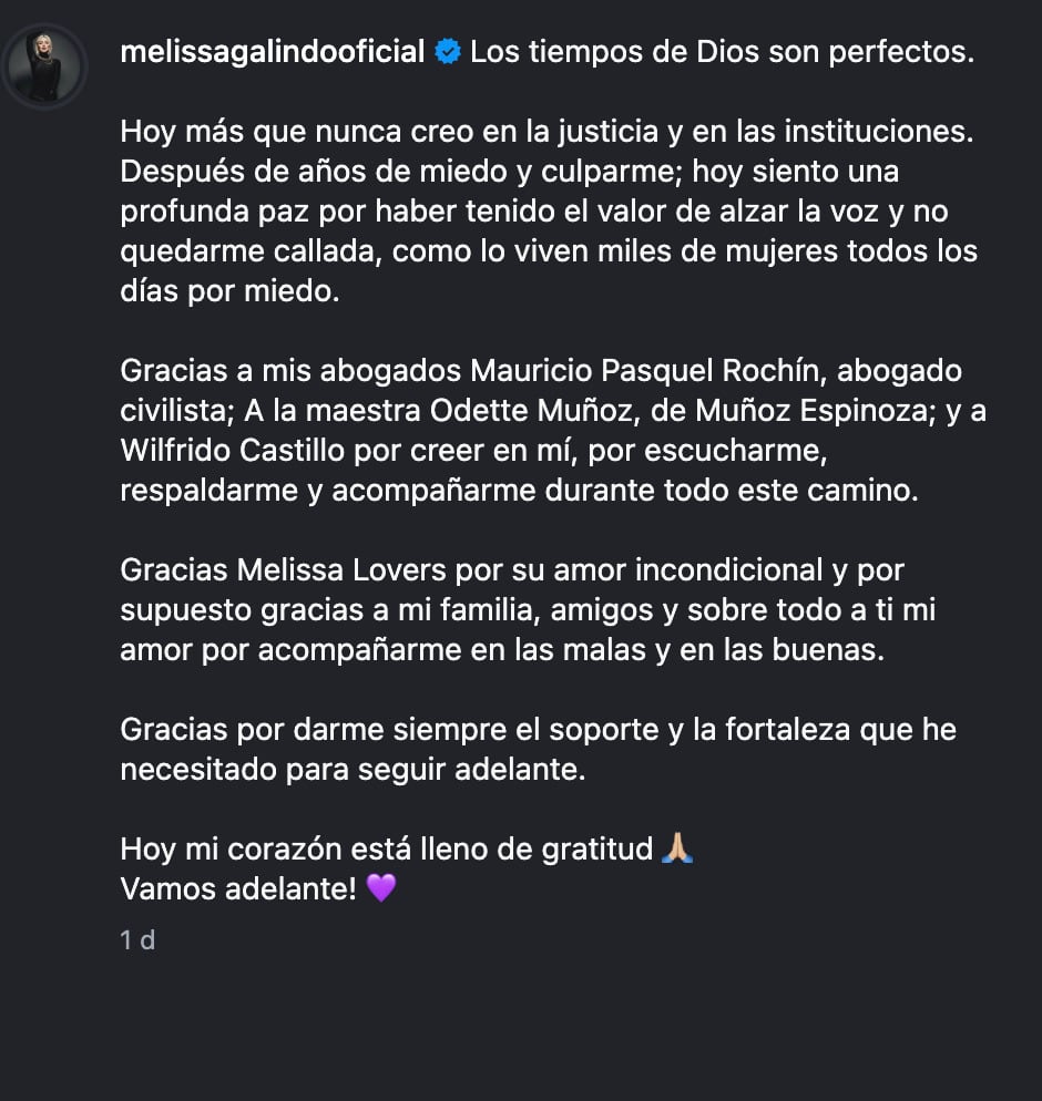 Melissa Galindo agradece a quienes la han apoyado tras denunciar a Kalimba