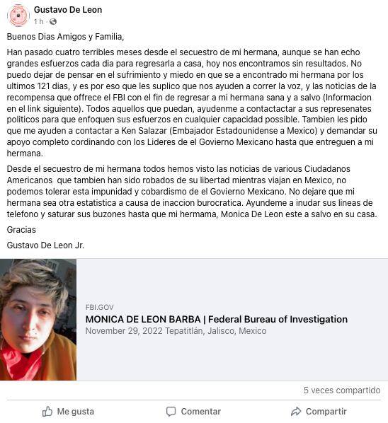 Familia de Mónica de León Barba pide ayuda para contactar a Ken Salazar