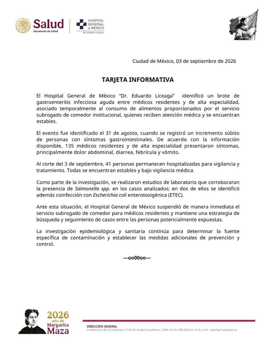 Hospital General de México: 135 médicos presentan síntomas por brote de Salmonella