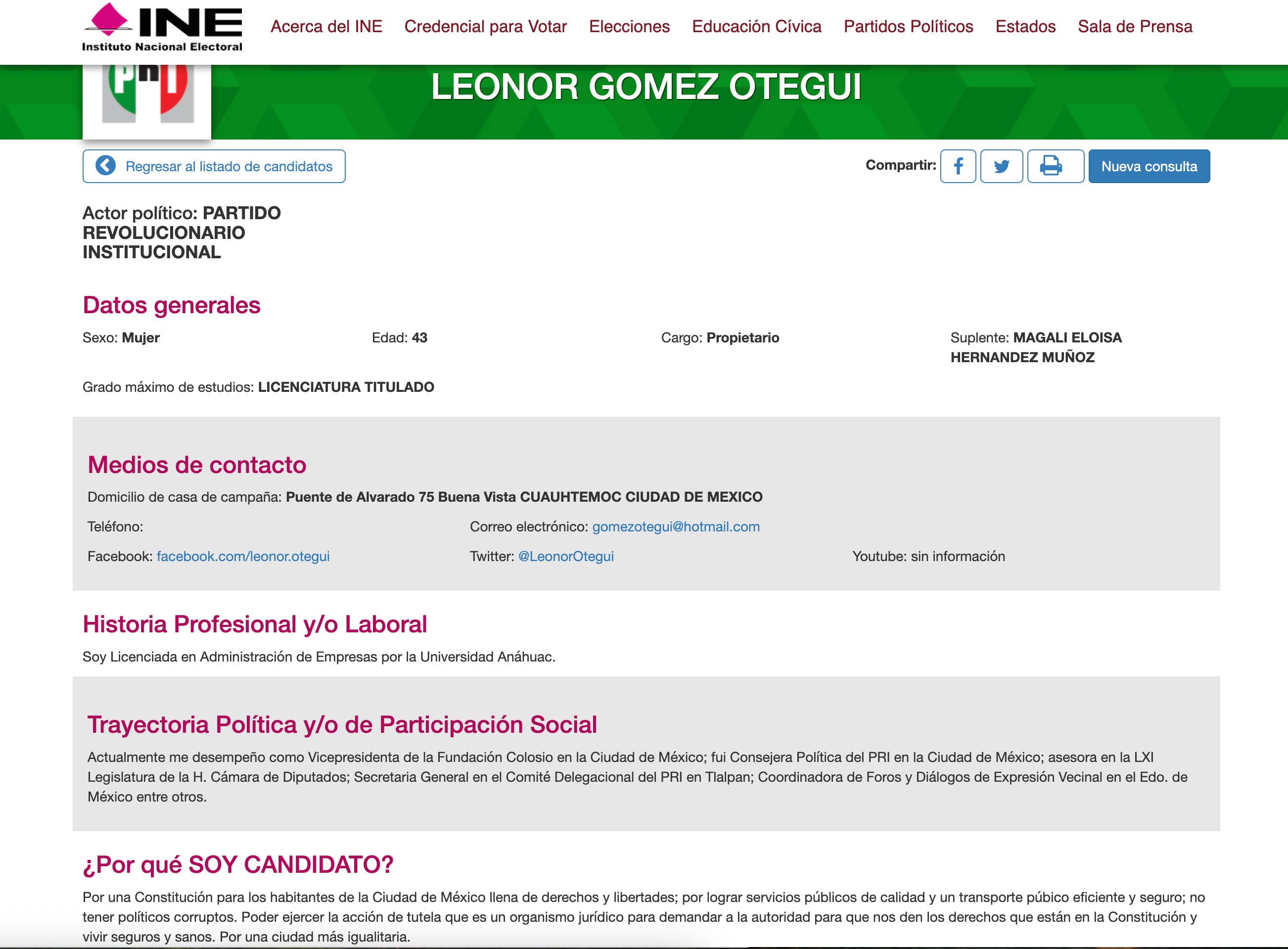 Datos de Leonor Otegui, diputada local de Morena en CDMX