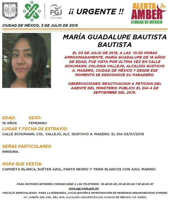 María Guadalupe Bautista Bautista. Alerta Amber
