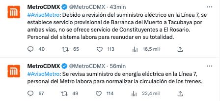 Metro CDMX suspende servicio en Línea 7