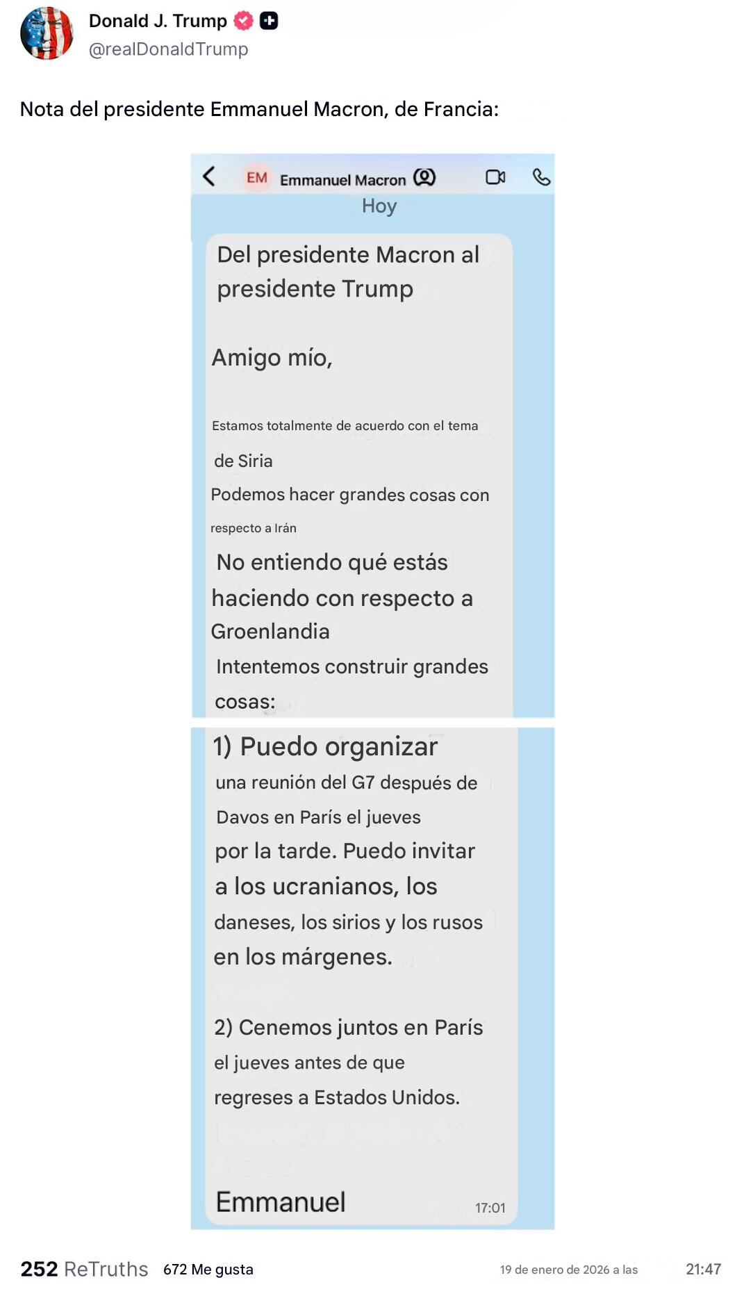 Donald Trump filtra supuesta conversación con el presidente de Francia.