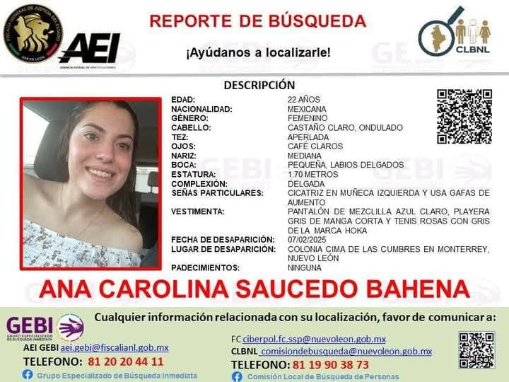 Ana Carolina Saucedo Bahena, joven desaparecida en Monterrey
