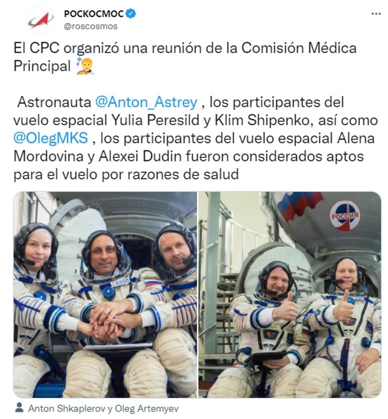 Publicación de Roscosmos en Twitter