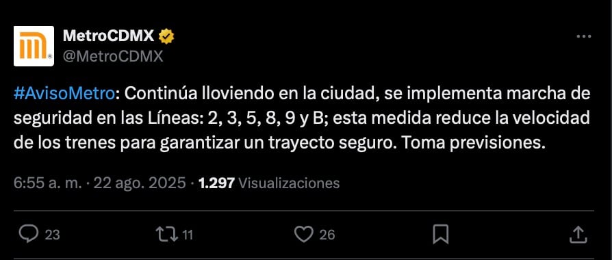 Metro CDMX registra avance lento en 6 líneas por lluvias
