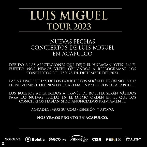 Luis Miguel pospone conciertos en Acapulco tras el huracán Otis, estas son las nuevas fechas