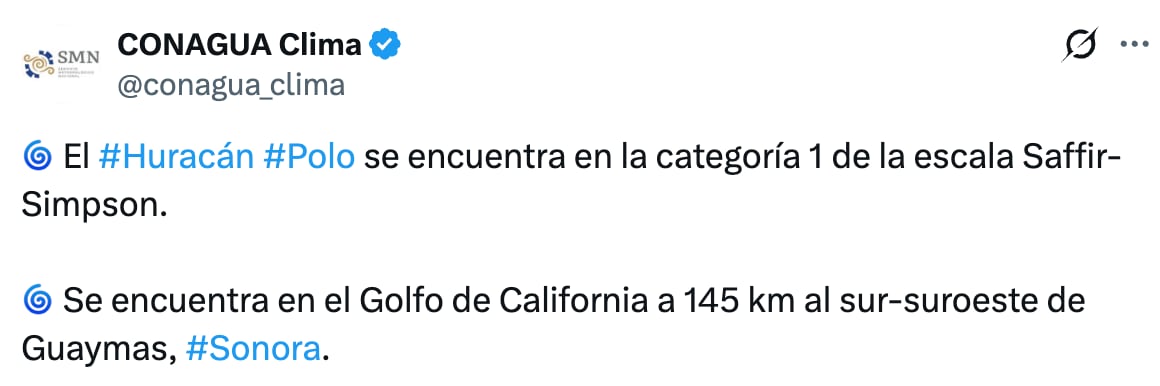 Huracán Polo se debilita a categoría 1 y se acerca a Guaymas