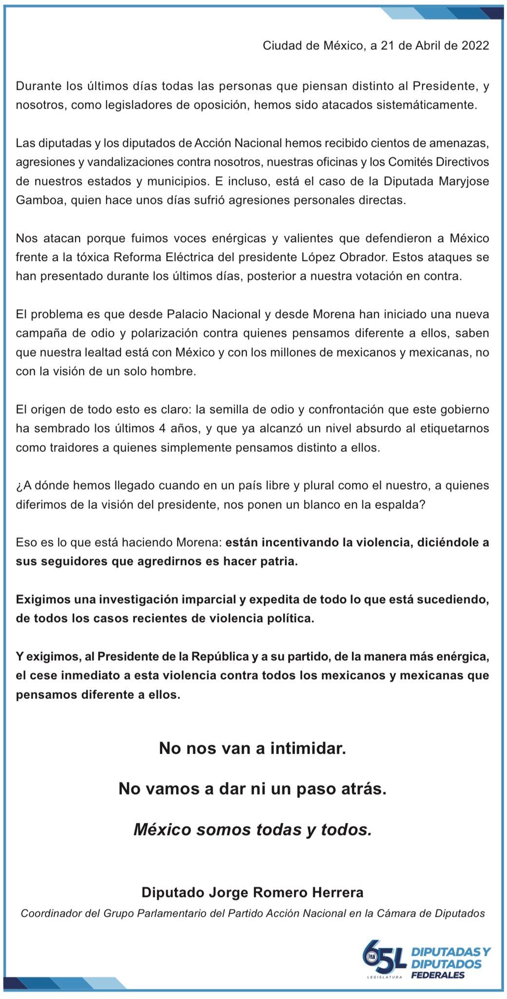 comunicado de diputados del PAN para pedir un alto a la violencia política en su contra