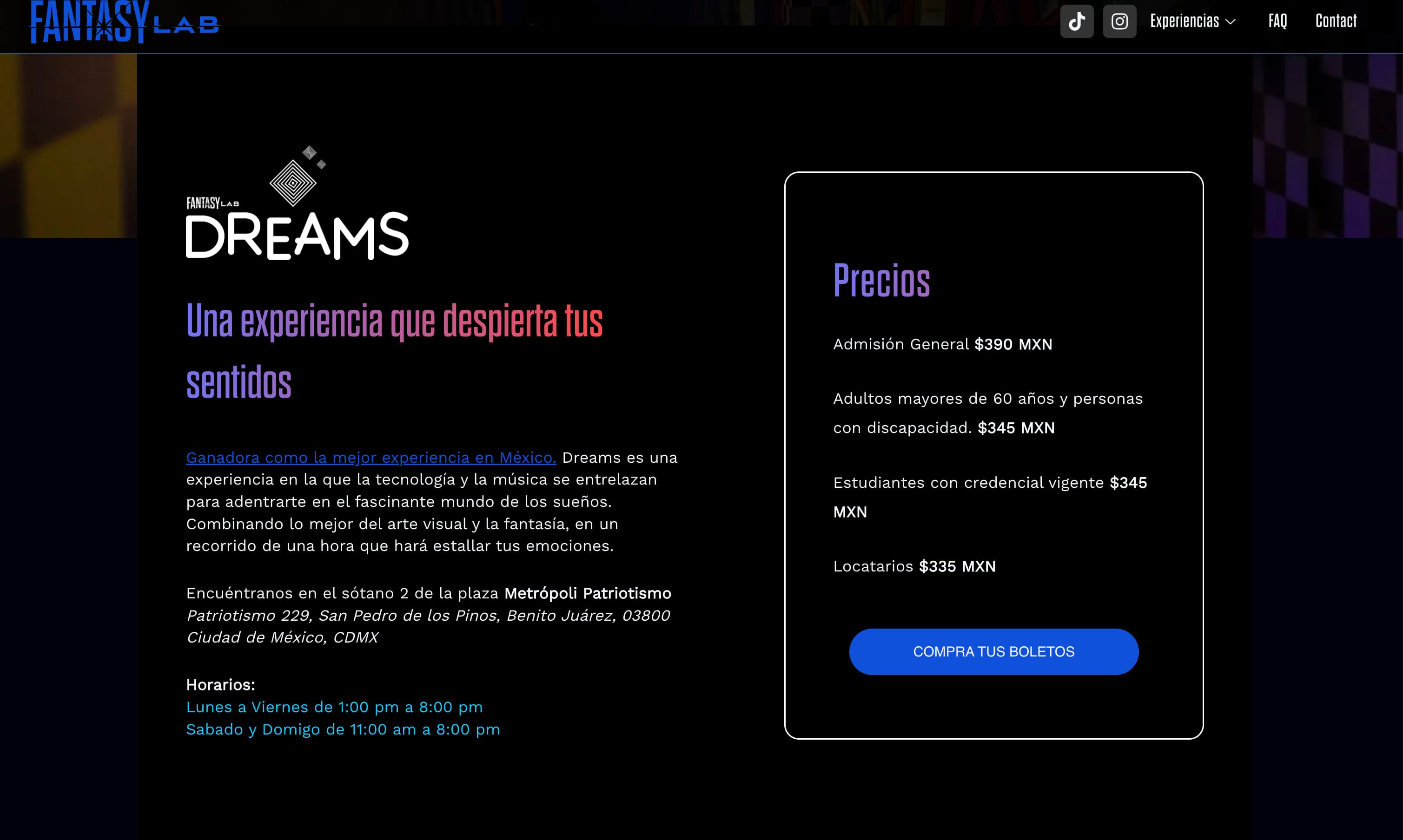 Precios de las experiencias en el Museo de los Sueños CDMX