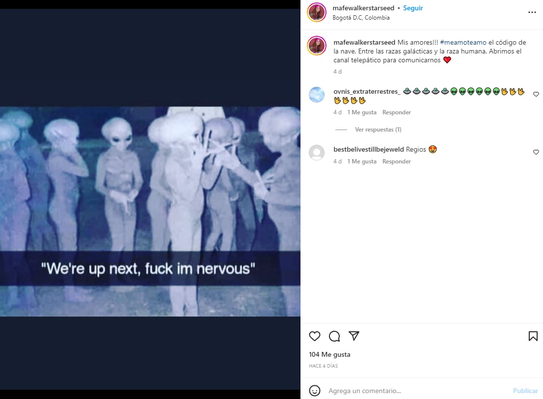Publicación de Mafe Walker asegurando que abrió el canal telepático con extraterrestres