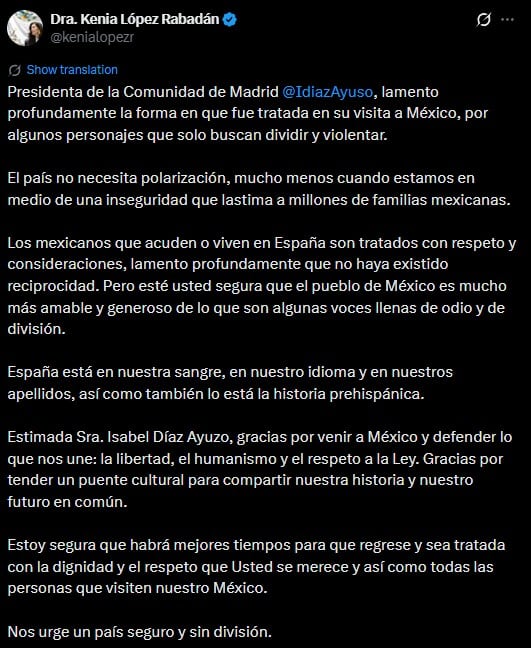 López Rabadán se disculpa con Díaz Ayuso y la invita a volver a México