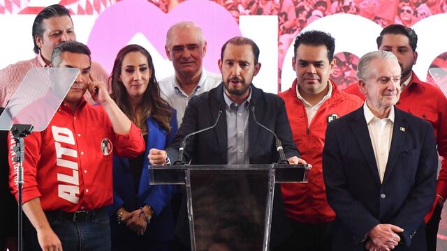 Líderes políticos: Marko Cortés (PAN), Alejandro Moreno Cárdenas (PRI) y Santiago Creel, coordinador de campaña de Xóchitl Gálvez