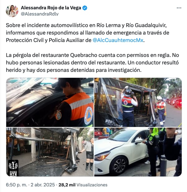 Alessandra Rojo de la Vega se pronuncia sobre choque de auto en el restaurante Quebracho
