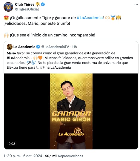 Club Tigres felicita a Mario Girón