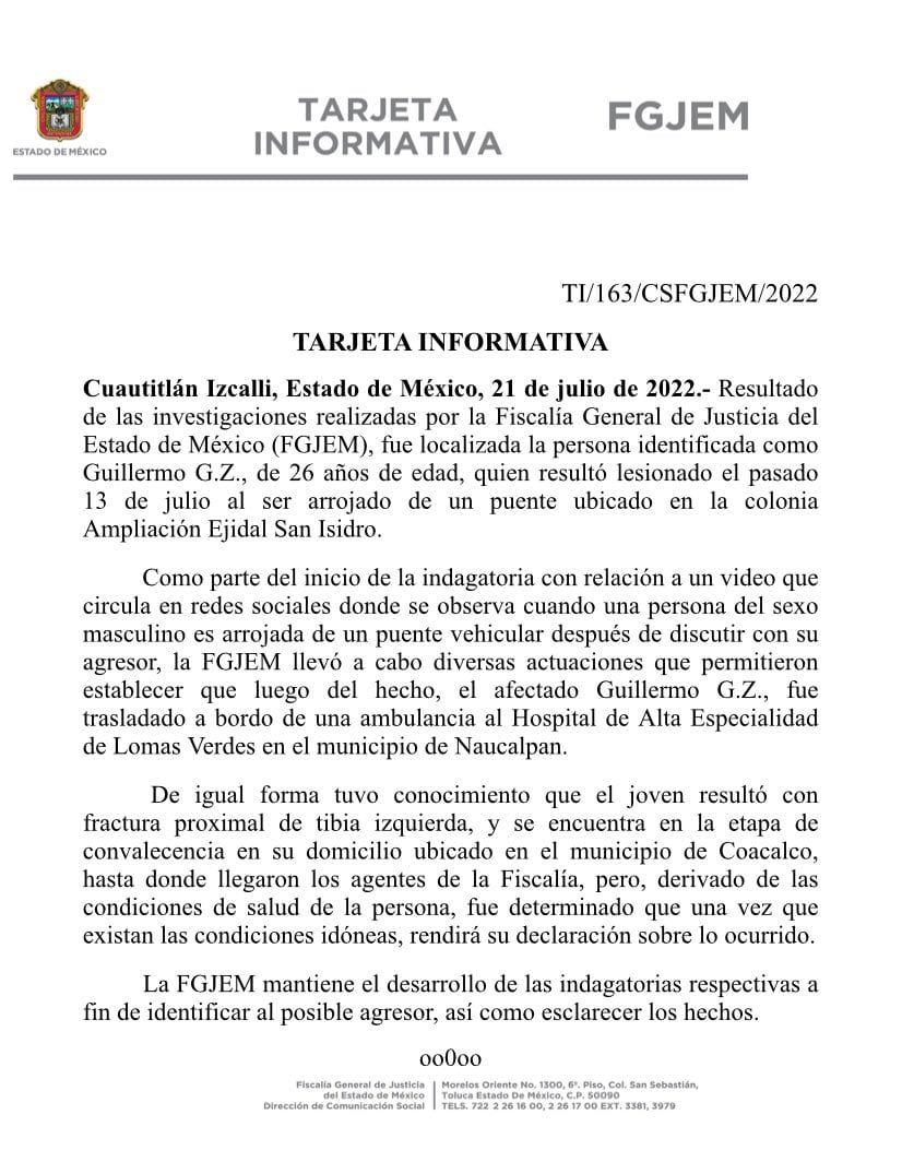 Fiscalía localiza al repartidor que fue aventado de un puente vehicular en Cuautitlán Izcalli