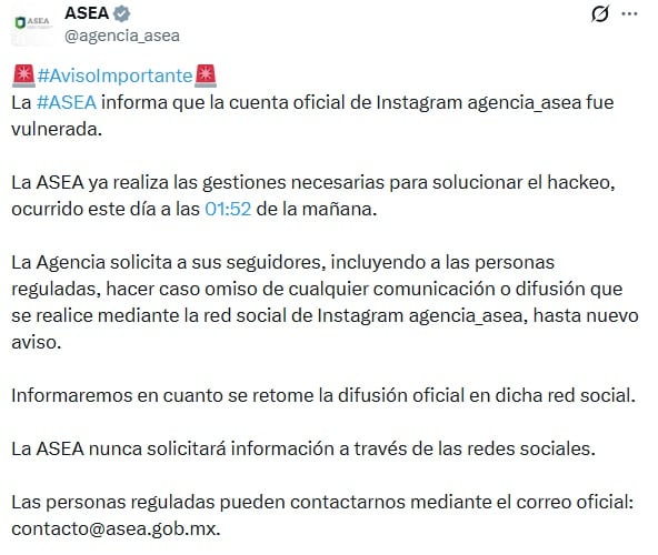 Hackean cuenta oficial de Instagram de ASEA
