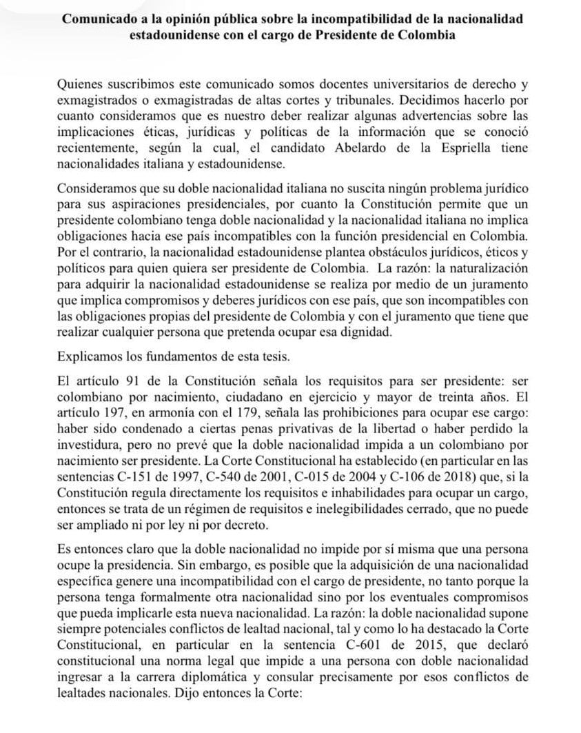 Magistrados emiten documento advirtiendo de la nacionalidad estadounidense de Abelardo de la Espirella en caso de asumir la presidencia de Colombia