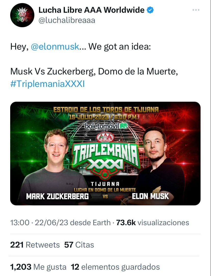 La Triple A le propuso a Mark Zuckerberg y Elon Musk, pelear en Triplemanía 31 en el Domo de la Muerte.