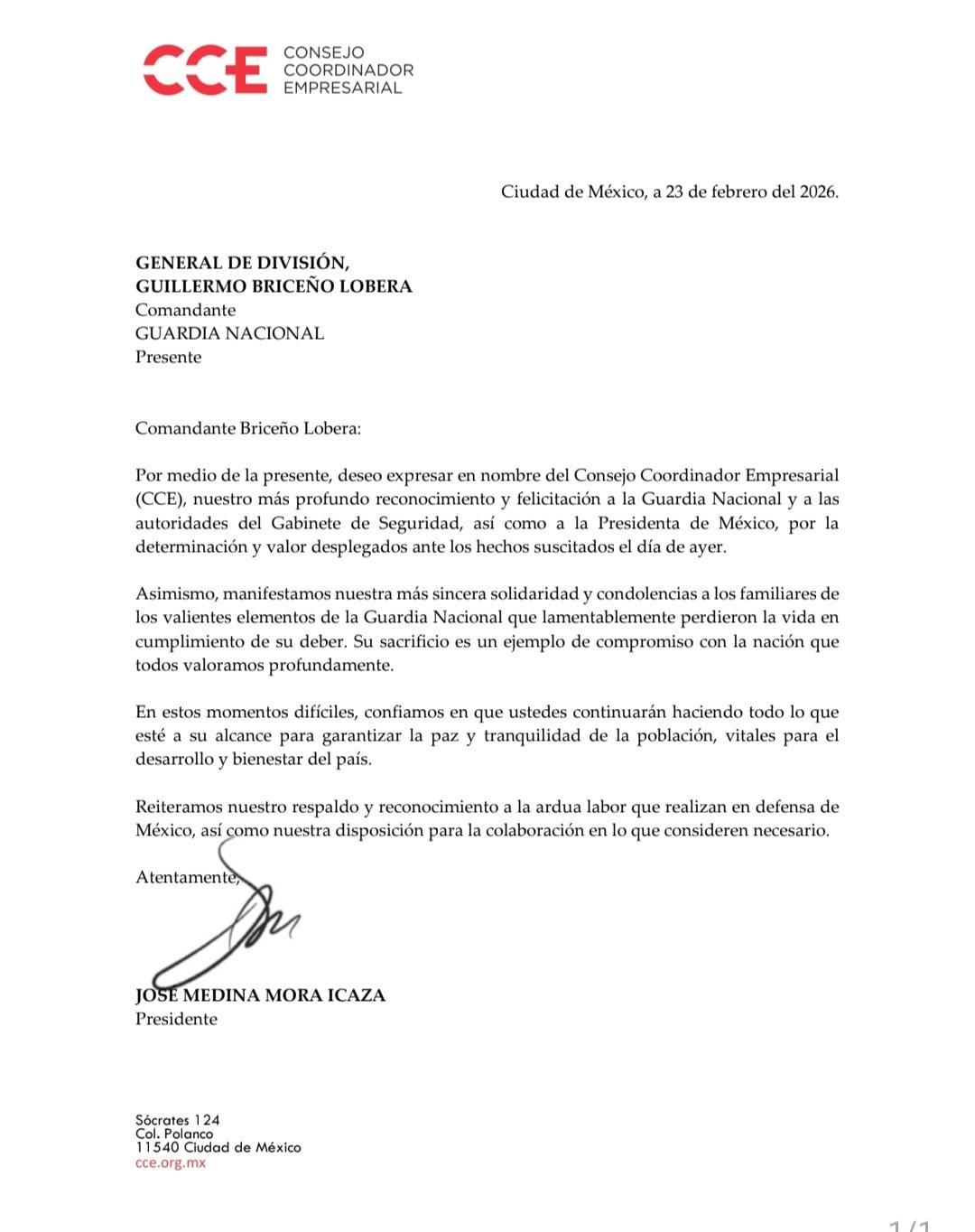 CCE felicita a Sheinbaum y Fuerzas Armadas tras operativo contra El Mencho