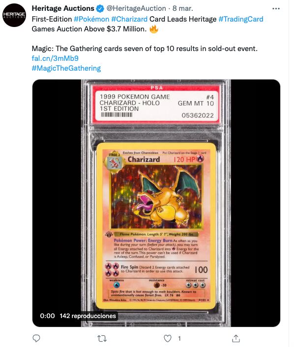Tarjeta de Pokémon de Charizard, primera edición de 1999